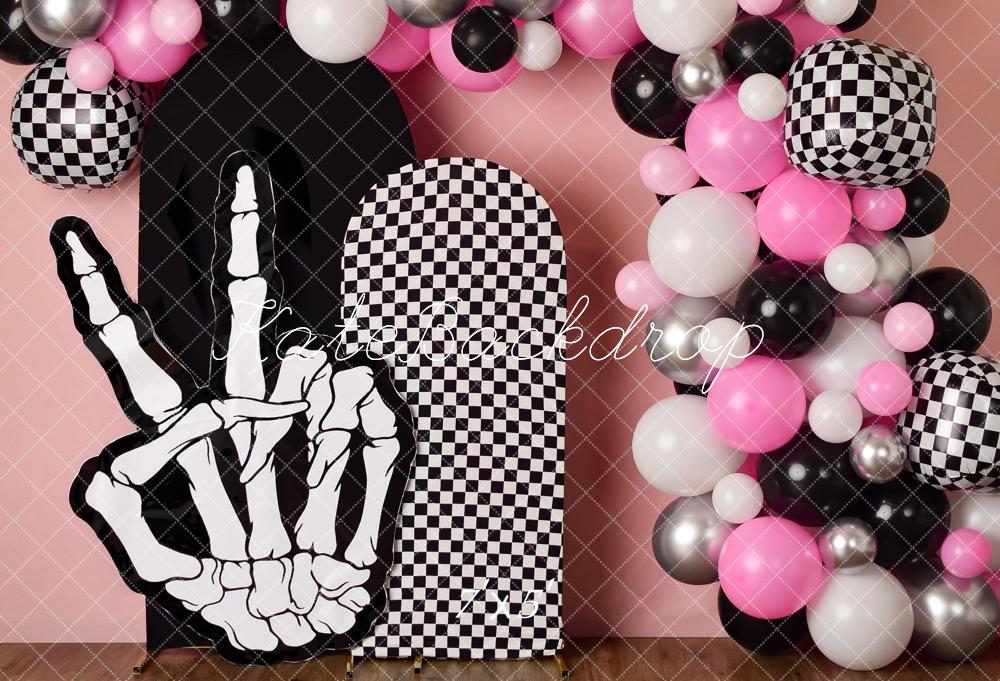 Kate Checkerboard Skeleton Hand Balloon Arch Backdrop Designed by Mandy Ringe - Kate Backdrop AU