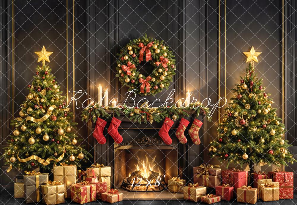 Kate Christmas Fireplace Trees Wreath Fleece Backdrop Designed by Emetselch - Kate Backdrop AU