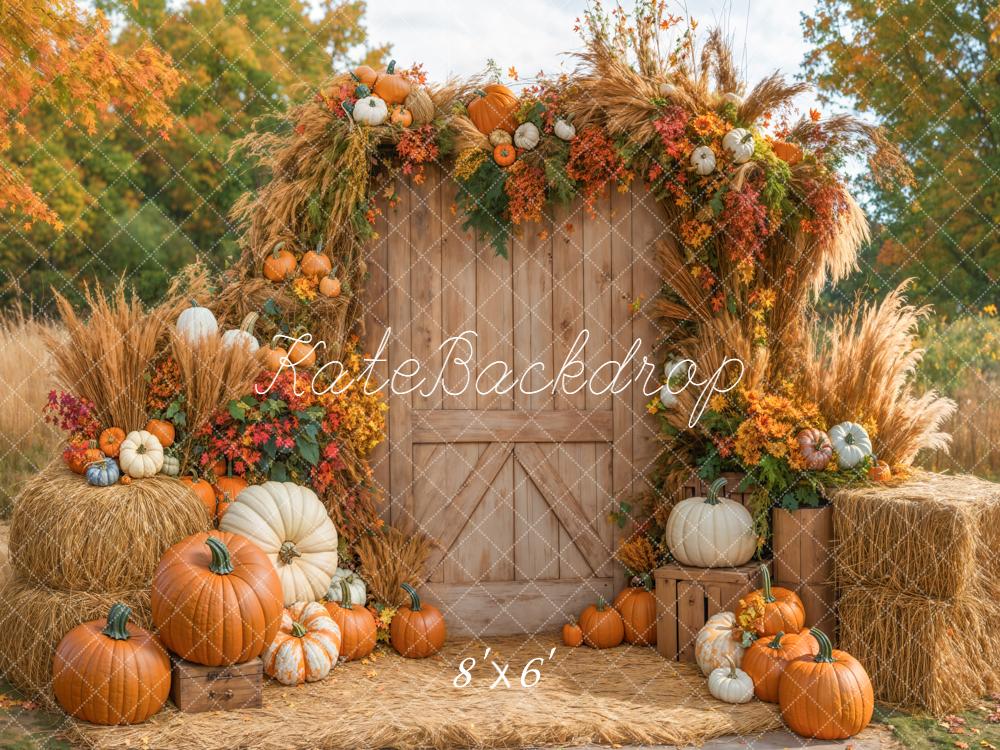 Kate Autumn Backdrop Pumpkins Hay Bales Barn Door Designed by Emetselch - Kate Backdrop AU