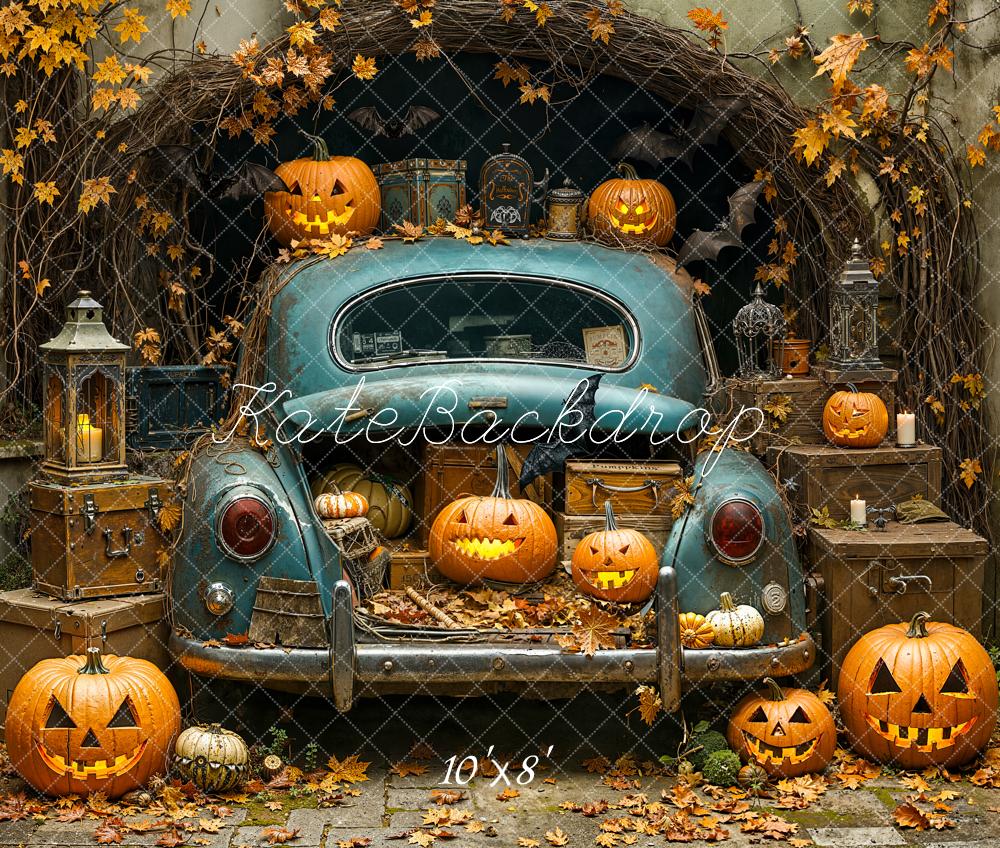 Kate Halloween Vintage Car Pumpkins Fleece Backdrop Designed by Emetselch