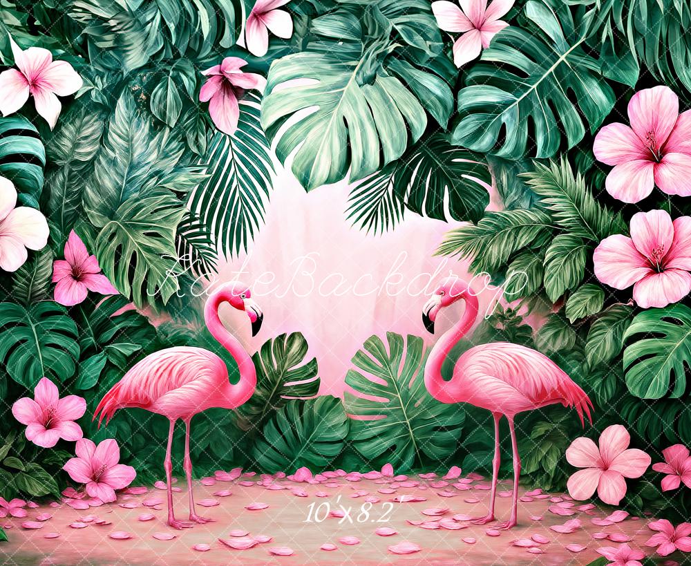Kate Flamingo Jungle Pink Flowers Green Leaves Backdrop Designed by Ashley Paul - Kate Backdrop AU