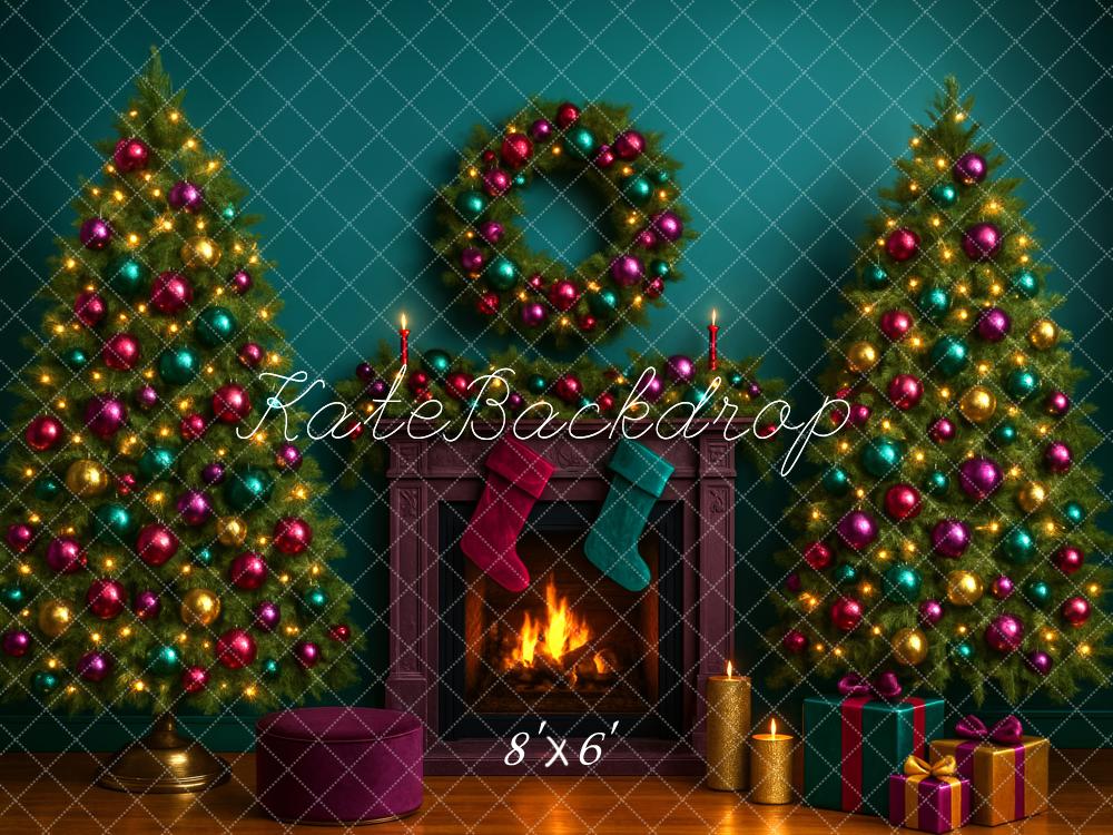 Kate Christmas Trees Fireplace Wreath Backdrop Designed by Megan Leigh - Kate Backdrop AU