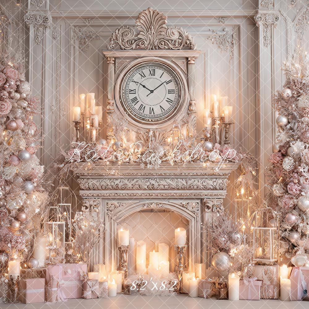 Kate Christmas Pink Trees Fireplace Clock Backdrop Designed by Ashley Paul