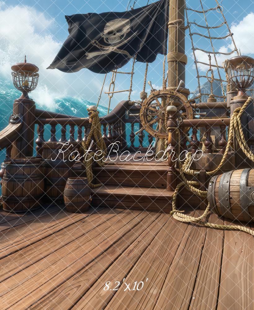 Kate Pirate Ship Wooden Deck Barrels Backdrop Designed by Chain