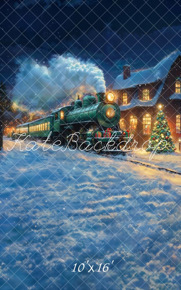 Kate Train Christmas Tree Snow Night Backdrop Designed by Chain - Kate Backdrop AU