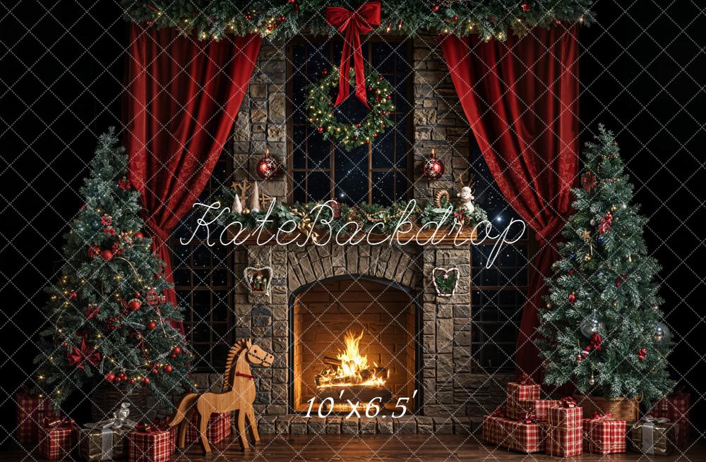 Kate Christmas Fireplace Trees Backdrop Gifts Red Curtains Designed by Emetselch - Kate Backdrop AU