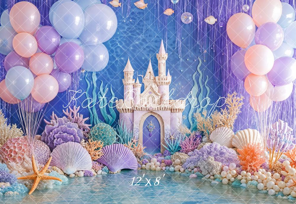 Kate Mermaid Castle Coral Seashell Balloons Fleece Backdrop Designed by Emetselch - Kate Backdrop AU