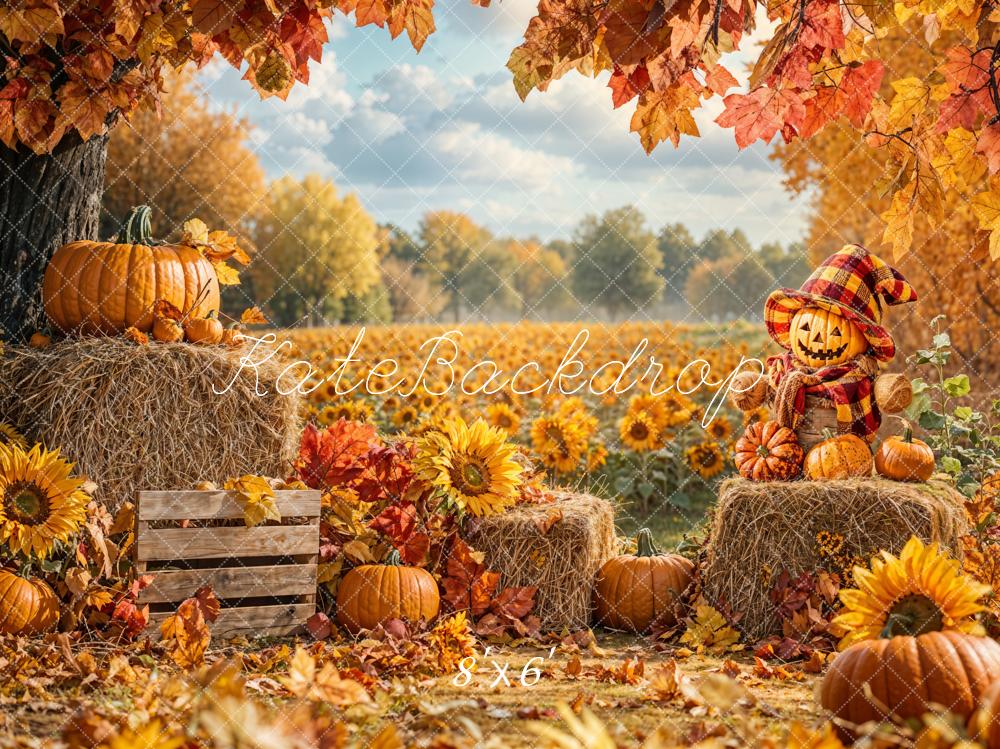 Kate Fall Pumpkins Hay Sunflowers Fleece Backdrop Designed by Emetselch - Kate Backdrop AU