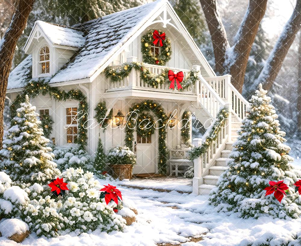 Kate Christmas Snow Cottage Garland Trees Backdrop Designed by Mini MakeBelieve - Kate Backdrop AU