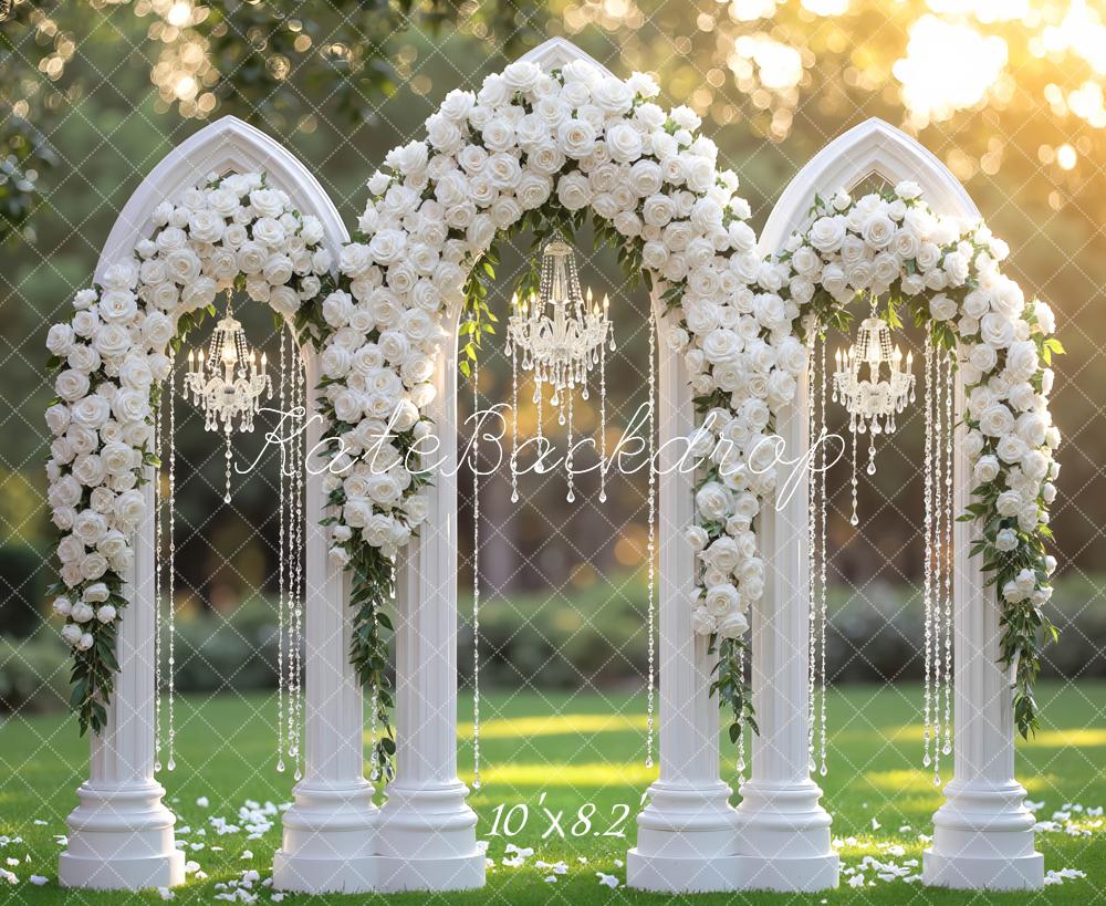 Kate Wedding Flower Arch Chandelier Columns Backdrop Designed by Mini MakeBelieve