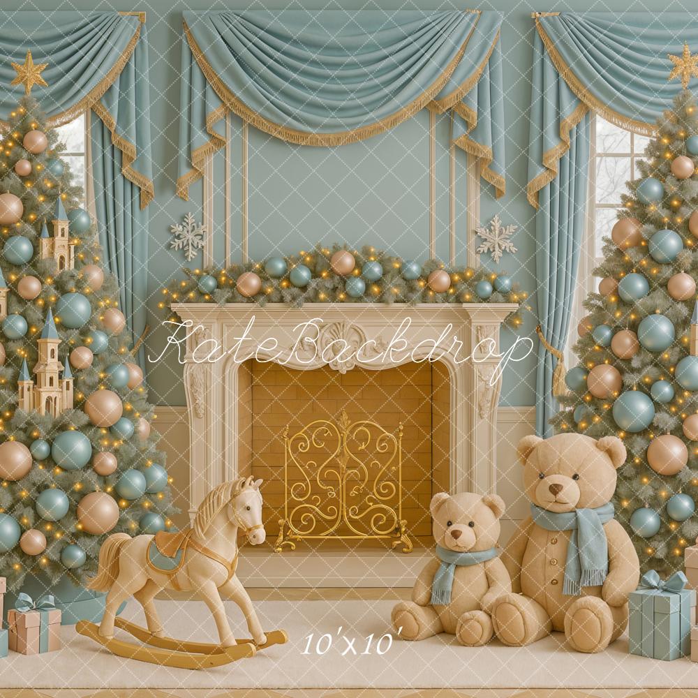 Kate Christmas Trees Fireplace Presents Backdrop Designed by Ashley Paul