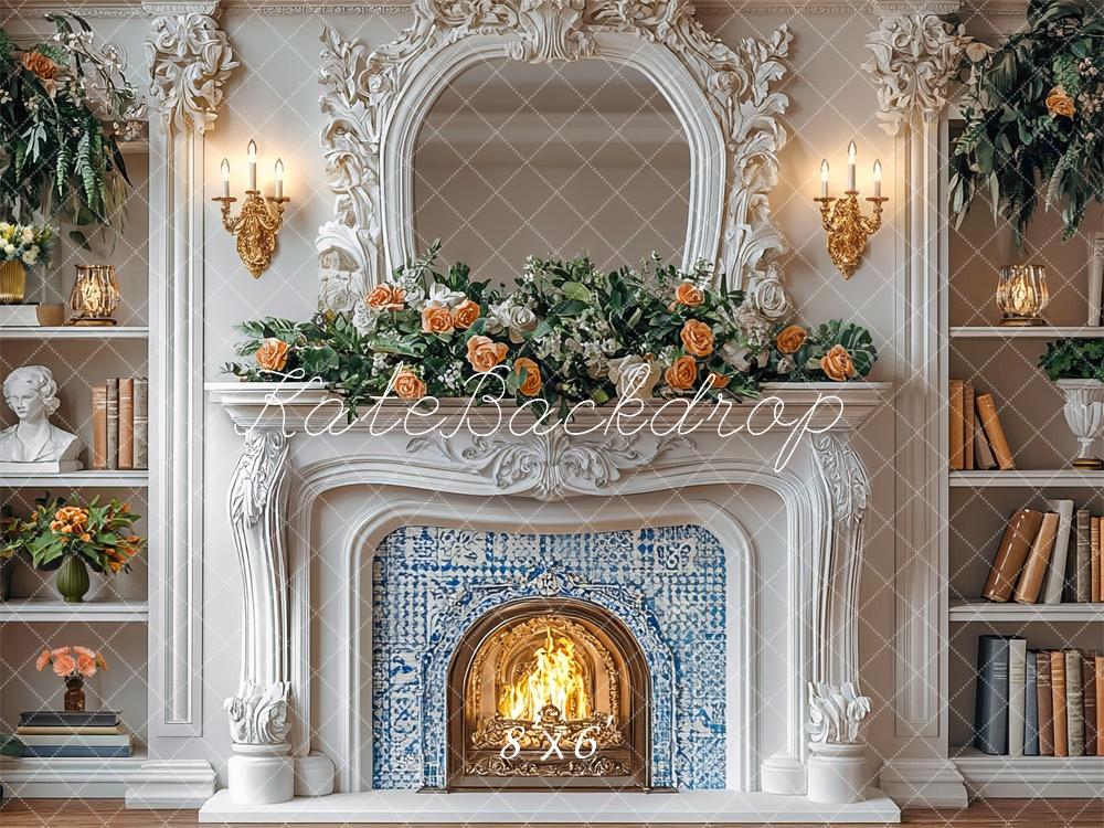 Kate Elegant Fireplace Spring Bookshelves Backdrop Designed by Mini MakeBelieve - Kate Backdrop AU