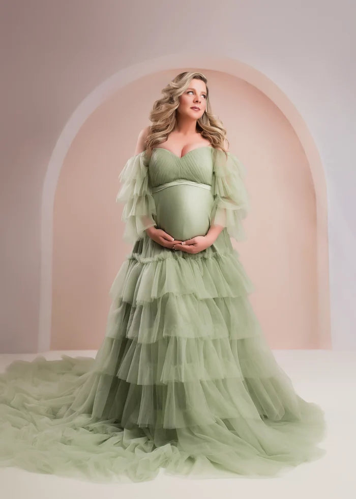 Kate One Shoulder Mesh Mint Green Maternity Photoshoot Dress - Kate Backdrop AU