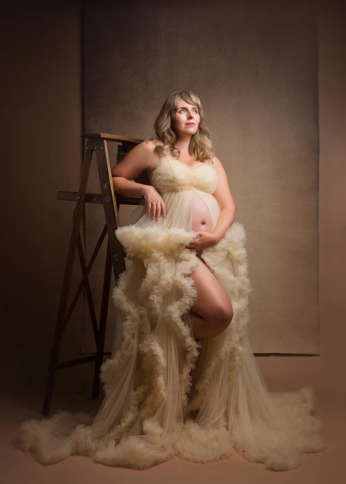 Kate One Shoulder Mesh Champagne Maternity Photoshoot Dress - Kate Backdrop AU