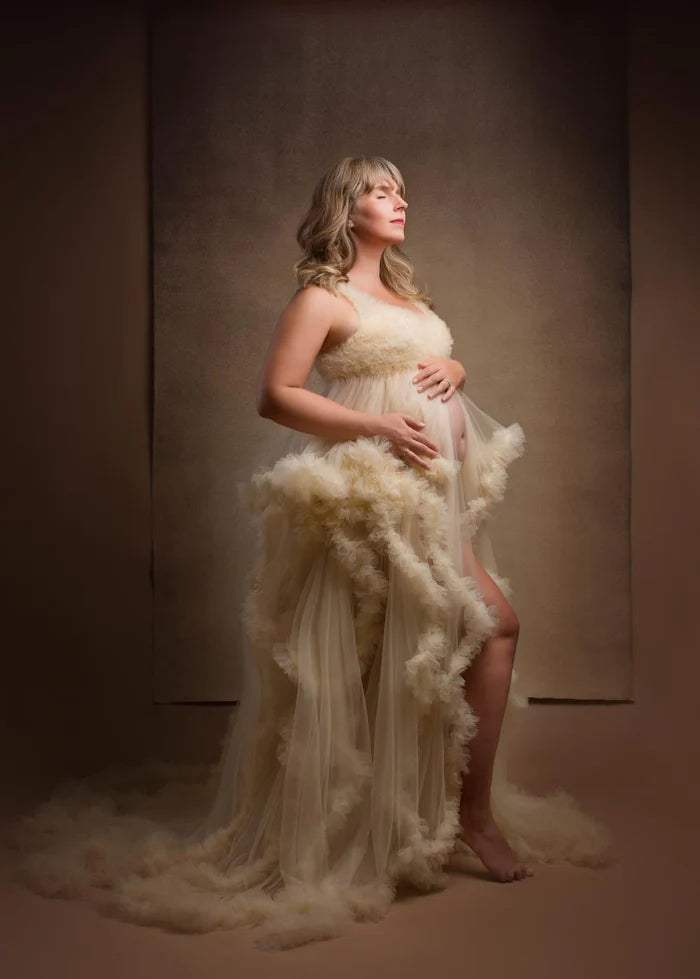 Kate One Shoulder Mesh Champagne Maternity Photoshoot Dress - Kate Backdrop AU