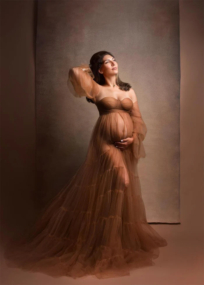 Kate Light Brown Sexy Tulle Maternity Photoshoot Dress - Kate Backdrop AU
