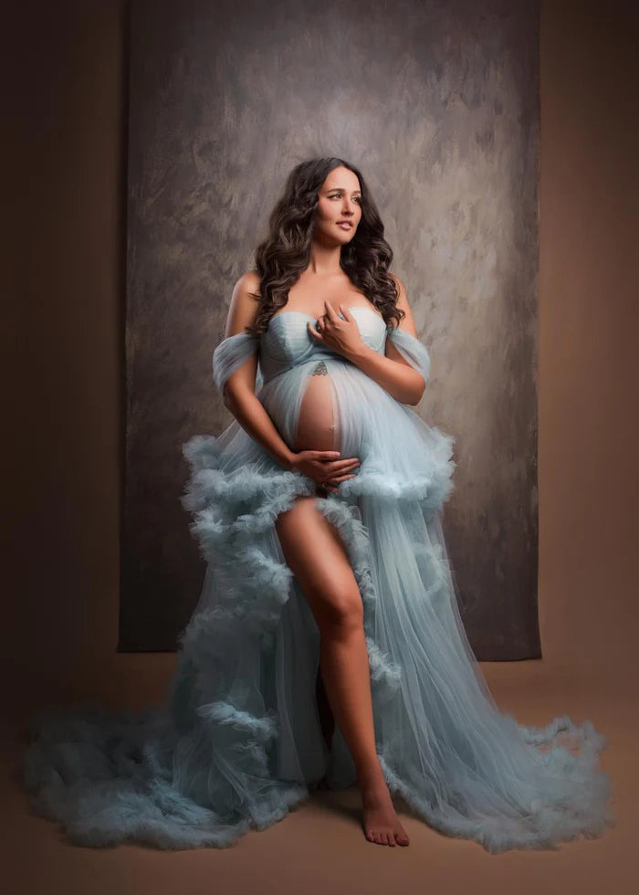 Kate Mint Green One Shoulder Mesh Maternity Photoshoot Dress - Kate Backdrop AU