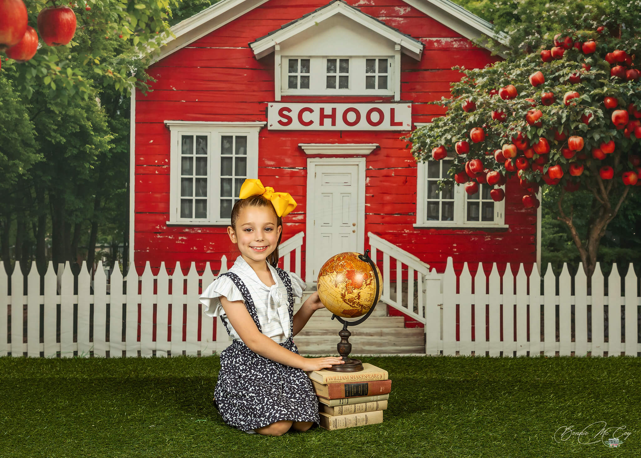 Kate Back to School Red House Apple Tree Fence Backdrop Designed by Chain Photography - Kate Backdrop AU