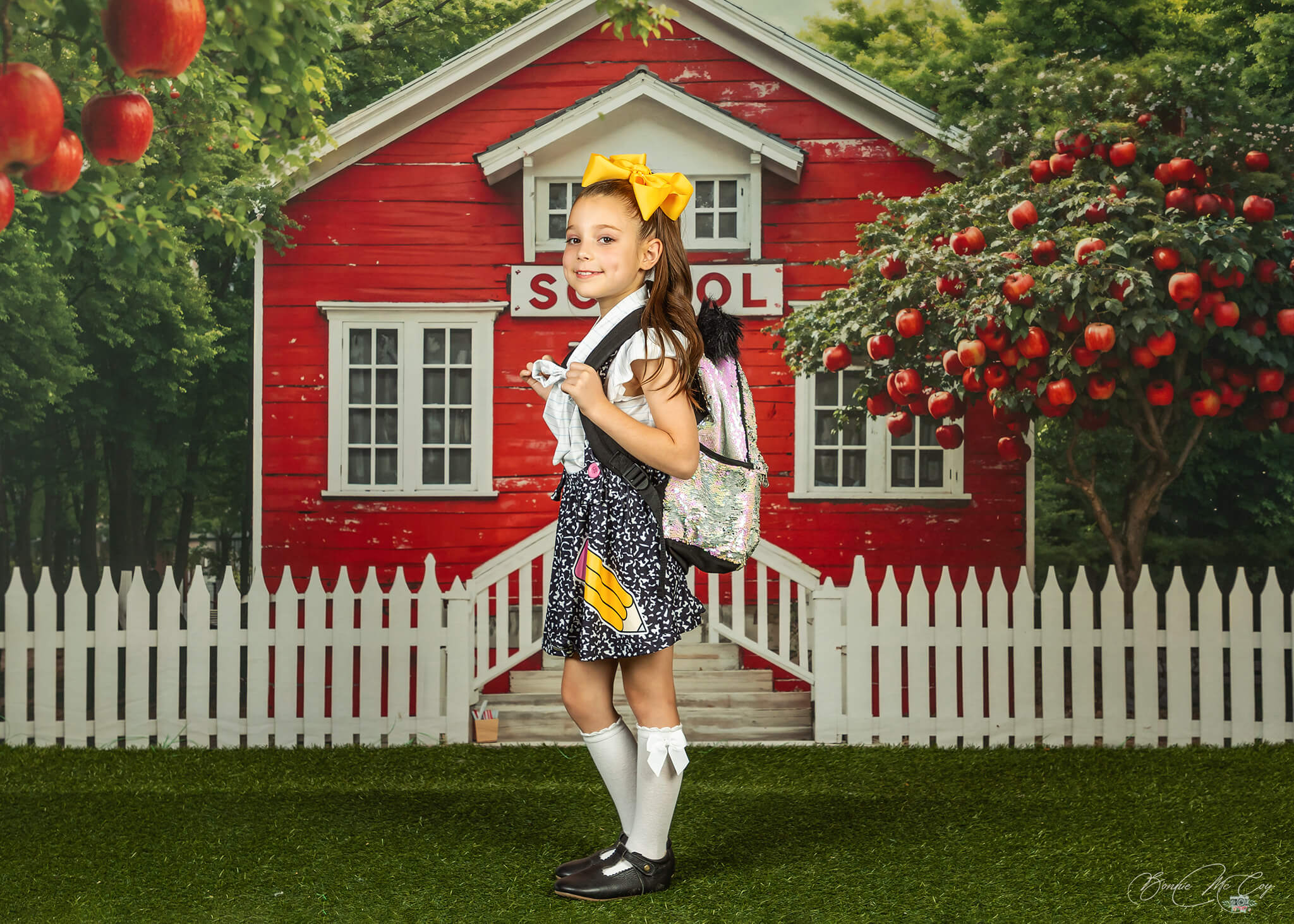 Kate Back to School Red House Apple Tree Fence Backdrop Designed by Chain Photography - Kate Backdrop AU