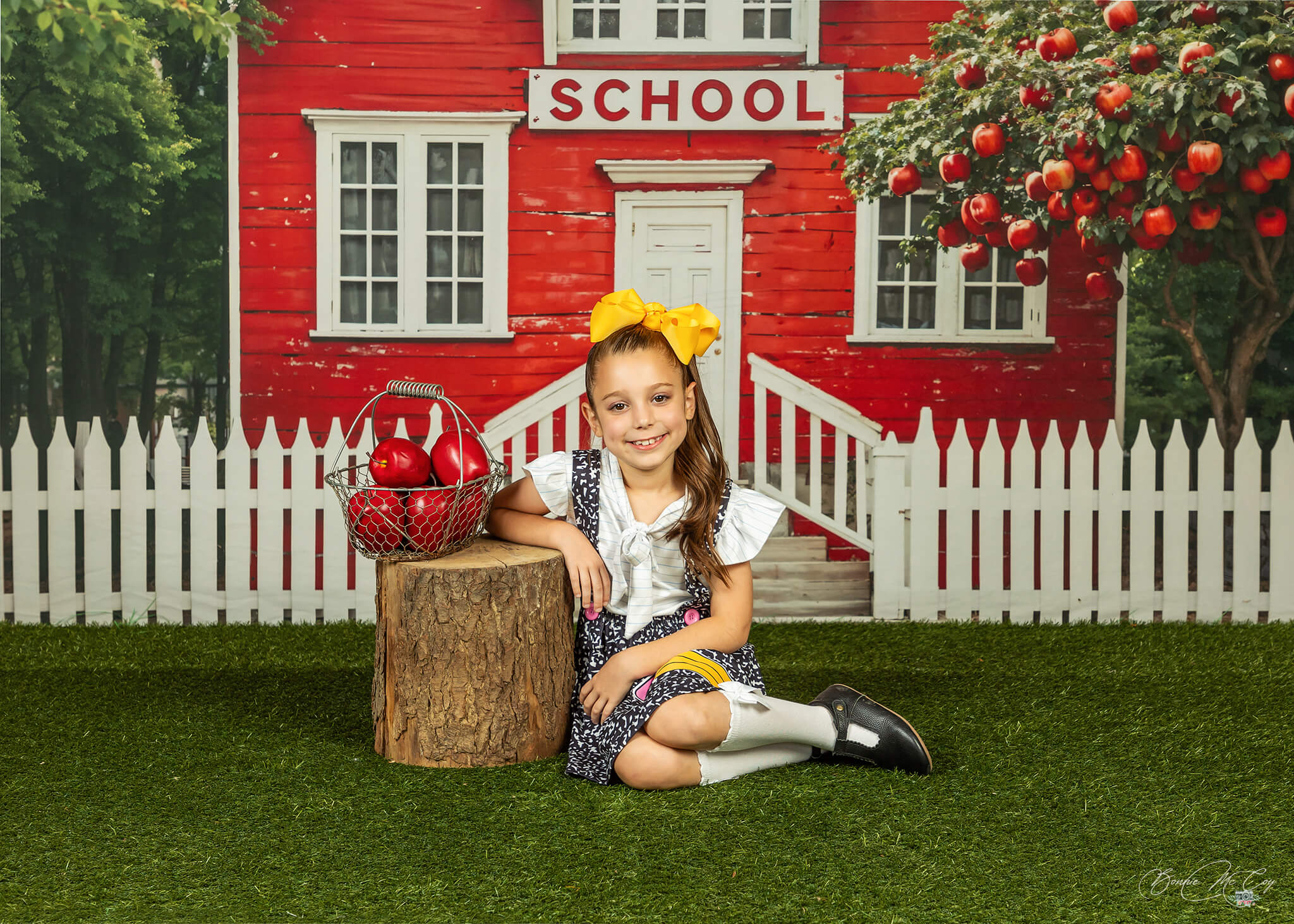 Kate Back to School Red House Apple Tree Fence Backdrop Designed by Chain Photography - Kate Backdrop AU