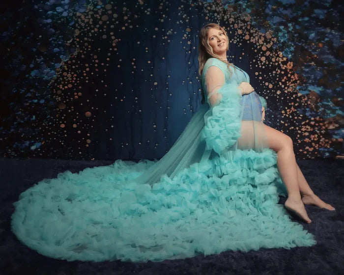 Kate Mesh V-neck Trailing Mid Sleeve Maternity Photoshoot Dress - Kate Backdrop AU