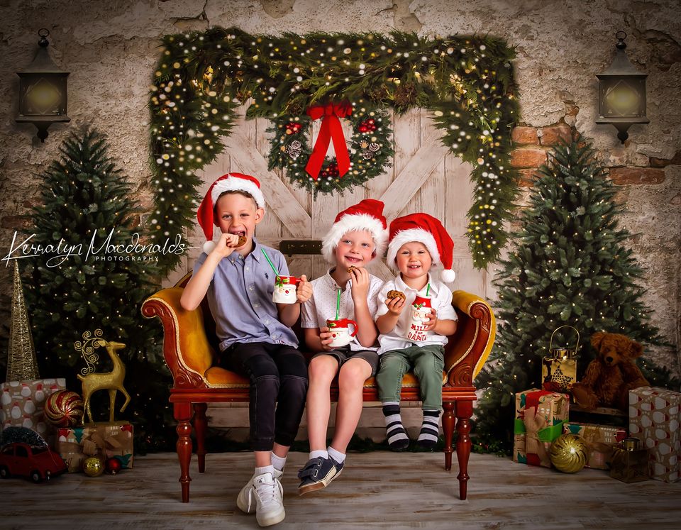 Kate Christmas Backdrop Brick Wall Door & Xmas Trees Designed By JS Photography - Kate Backdrop AU