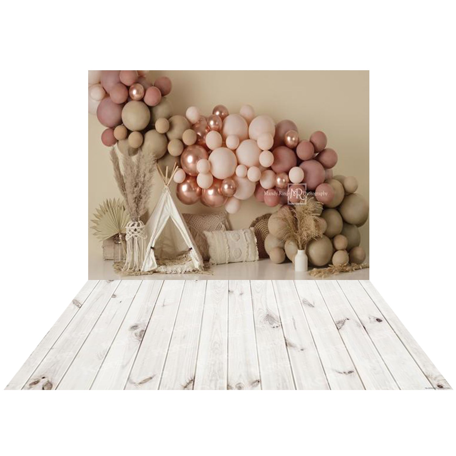 Kate 7x5ft Boho Balloons Tent Spring Backdrop+Kate 5x4ft White Retro Wooden Wall Rubber Floor Mat - Kate Backdrop AU