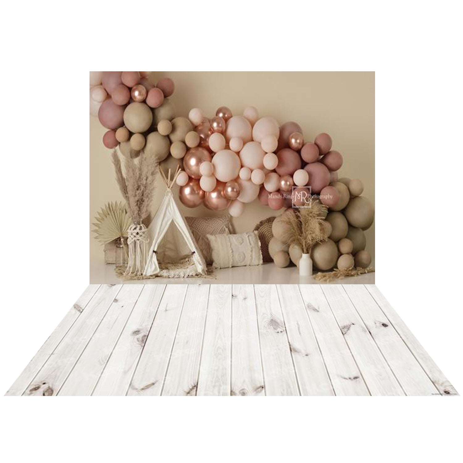 Kate 7x5ft Boho Balloons Tent Spring Backdrop+Kate 5x4ft White Retro Wooden Wall Rubber Floor Mat