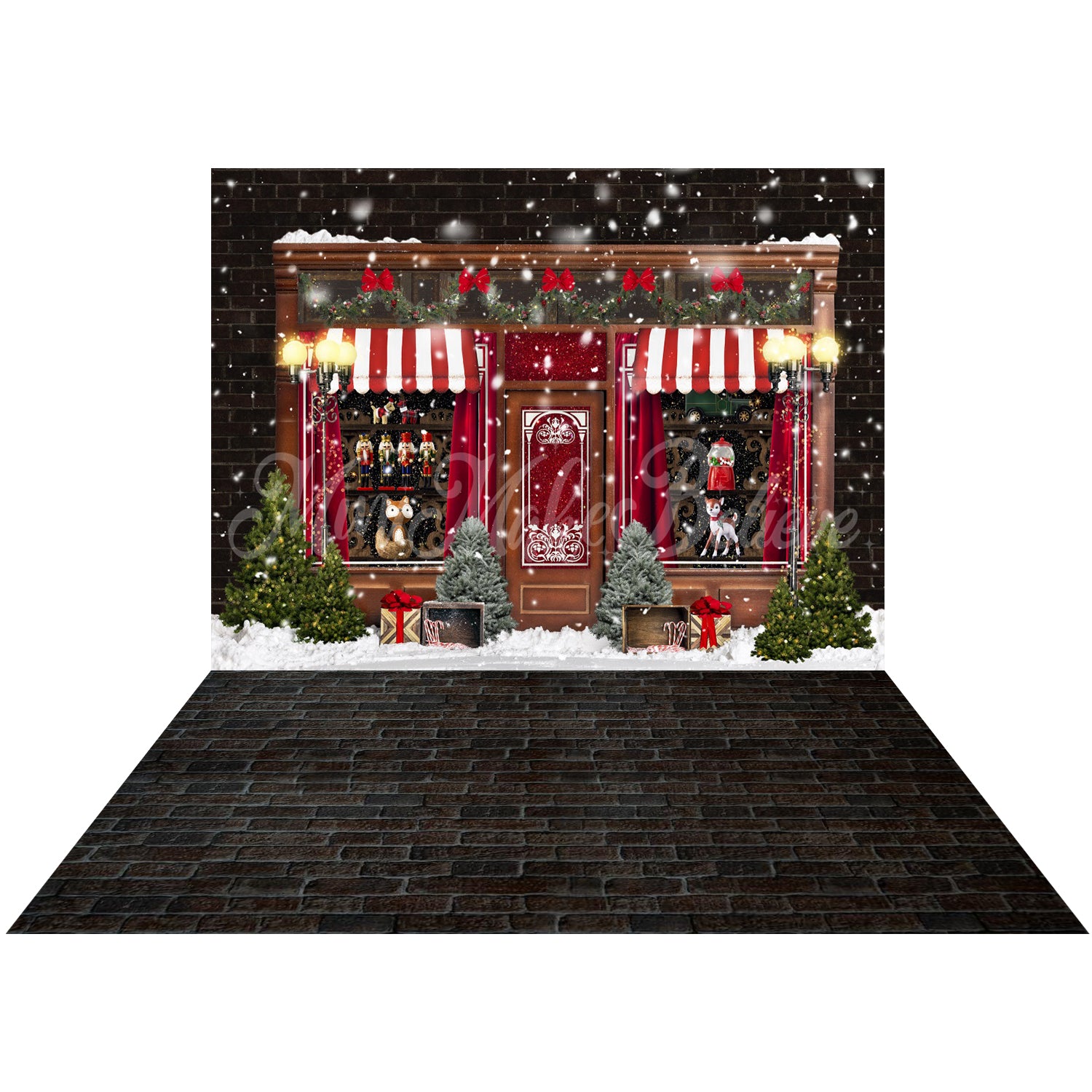 Kate Holiday Christmas Winter Vintage Toy Candy Store Santa Backdrop+Kate Vintage Black Brick Wall Rubber Floor Mat - Kate Backdrop AU