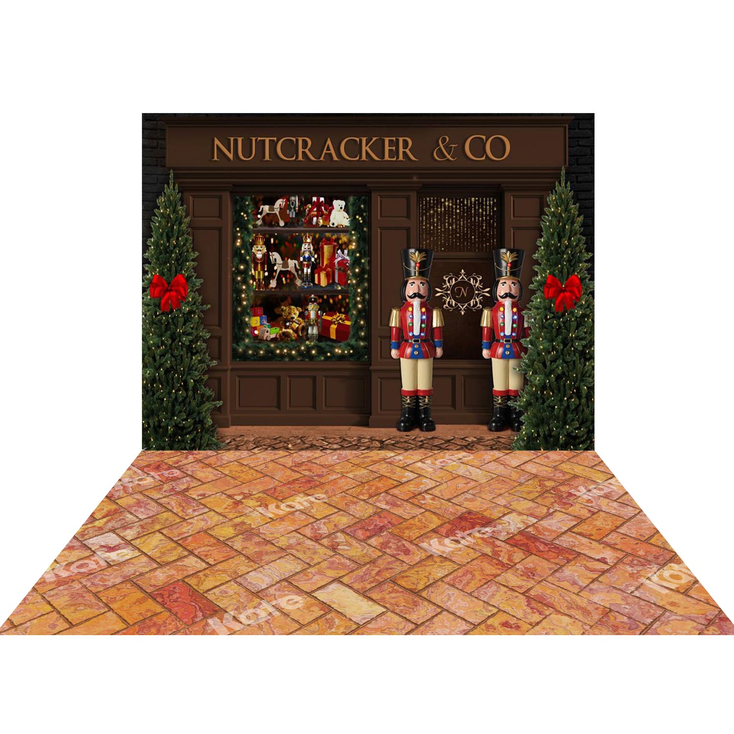 Kate Christmas Tree Window Shop Backdrop+Kate Shabby Wall Orange Rubber Floor Mat - Kate Backdrop AU