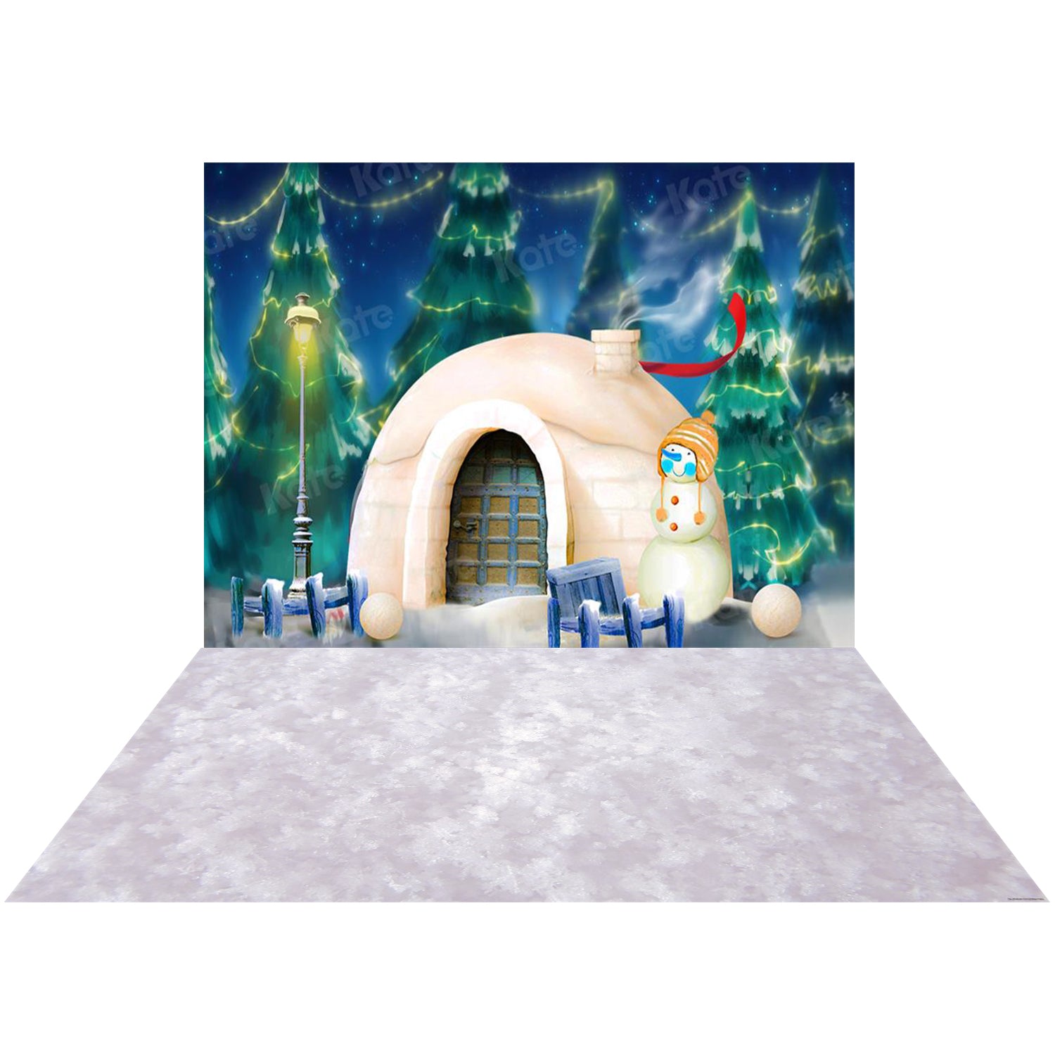 Kate Christmas Winter Snow House Snowman Backdrop+Kate Snowy Rubber Floor Mat - Kate Backdrop AU