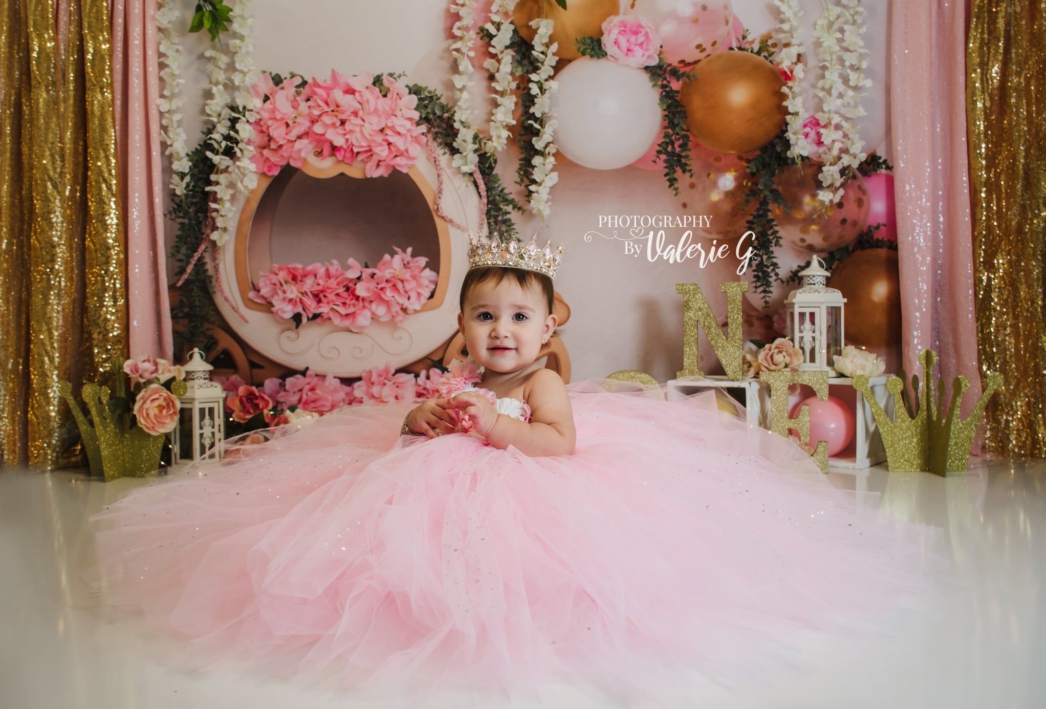 Kate Cake Smash Floral Balloon Carriage Backdrop Designed by Lisa B - Kate Backdrop AU