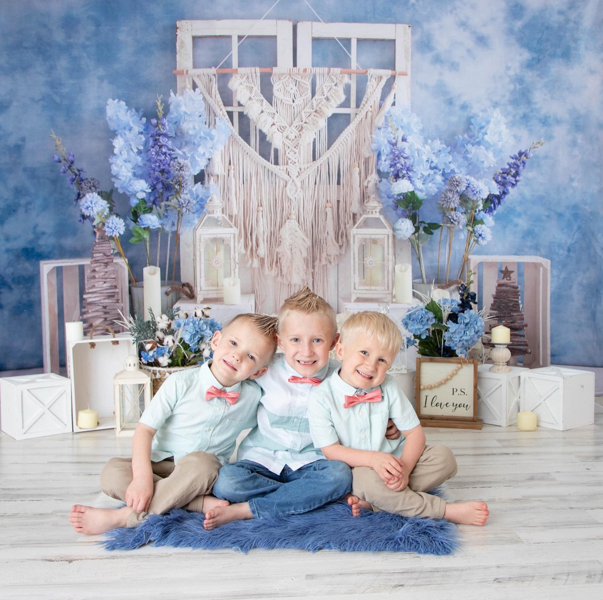 Kate 8x8ft Boho Blue Backdrop + 5x8ft Retro White Wood Rubber Floor Mat for Photography - Kate Backdrop AU