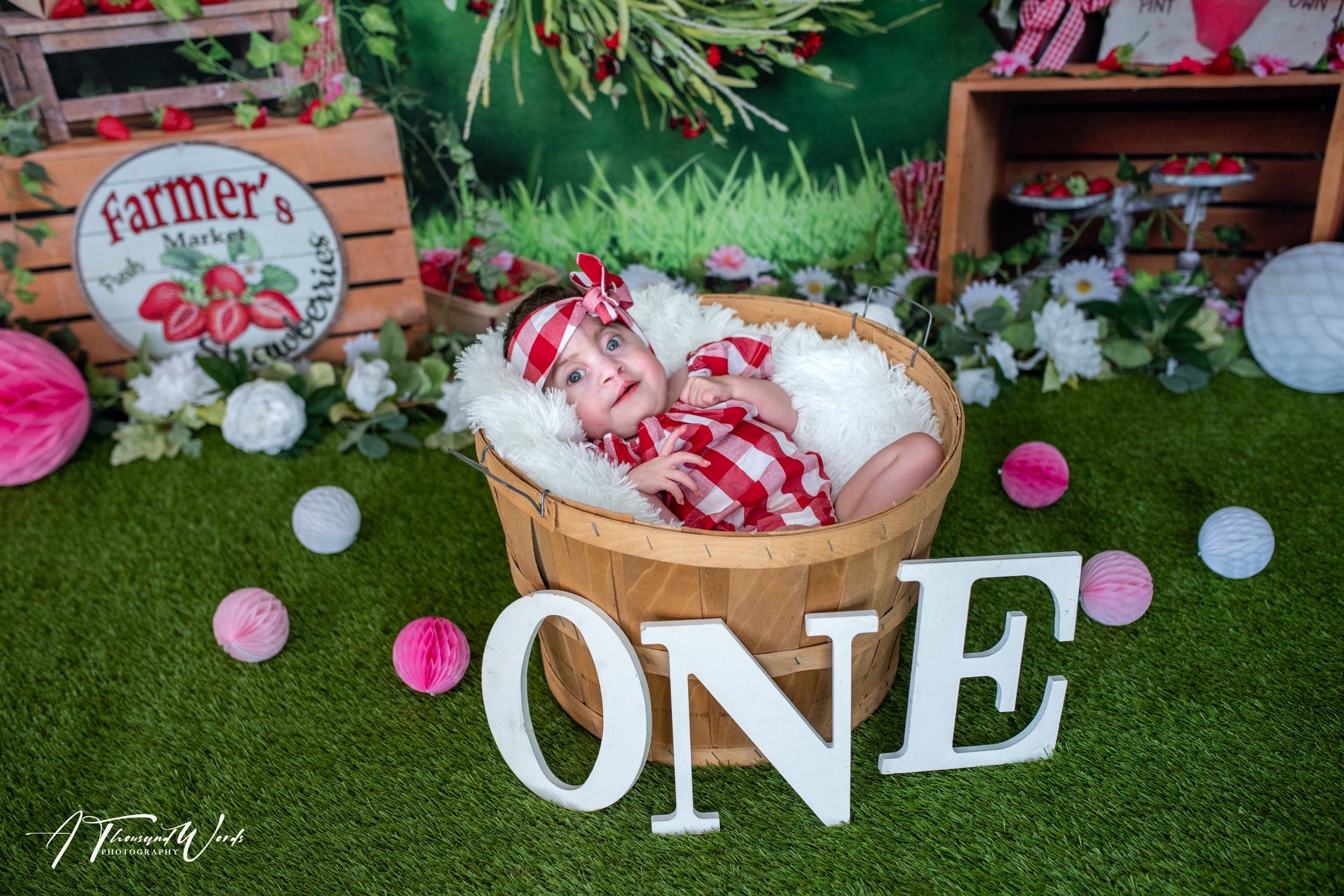 Kate Spring Strawberry and White Flower Green Leaves With Banners Birthday Backdrop for Photography - Kate Backdrop AU