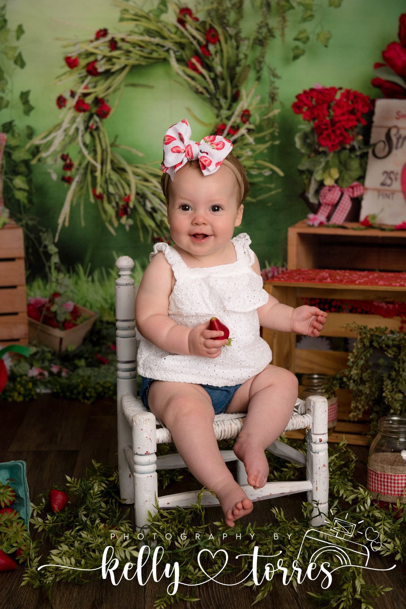 Kate Spring Strawberry and White Flower Green Leaves With Banners Birthday Backdrop for Photography - Kate Backdrop AU