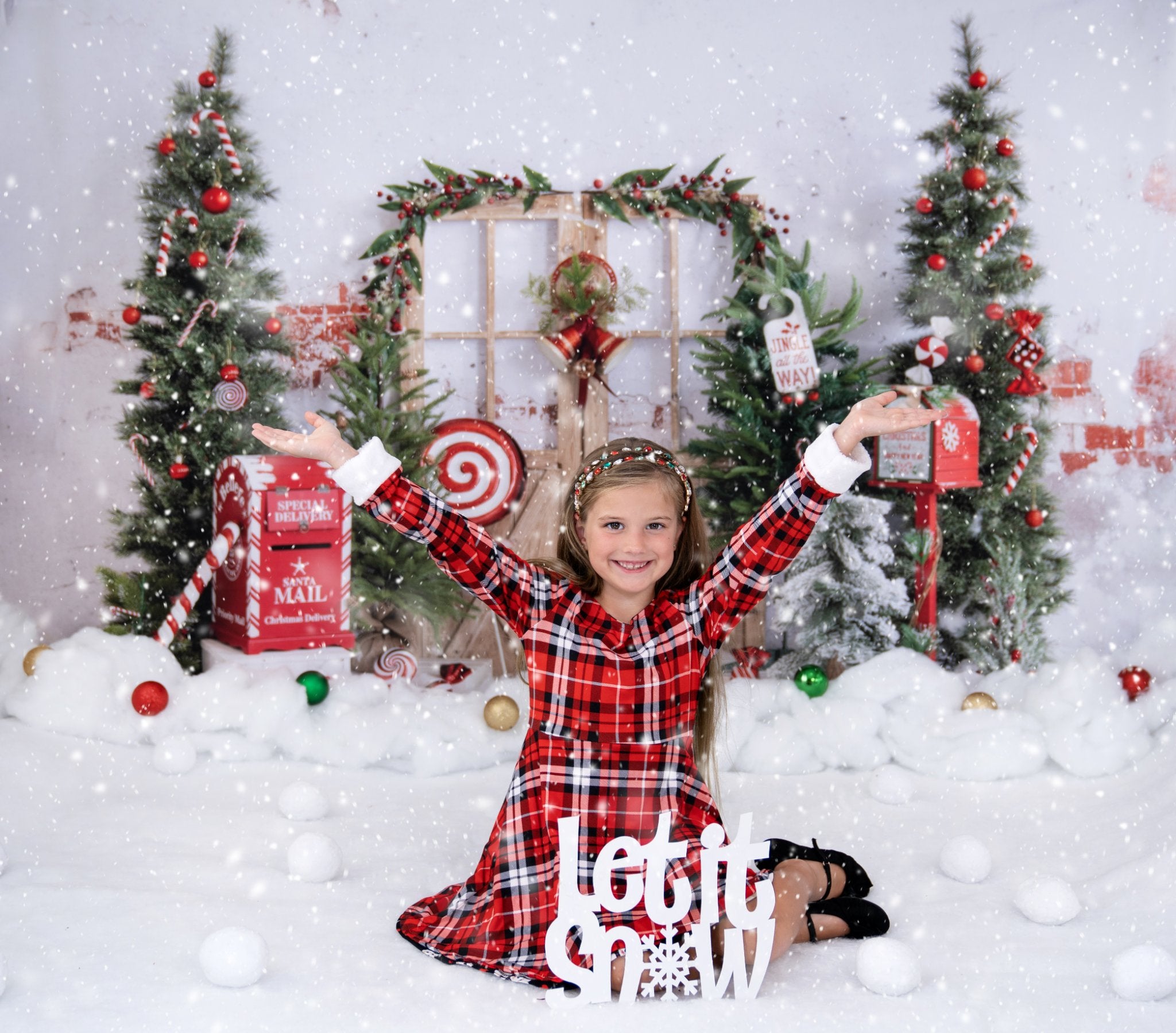 Kate Winter Christmas Tree Backdrop Snow Mailbox Designed by Emetselch - Kate Backdrop AU