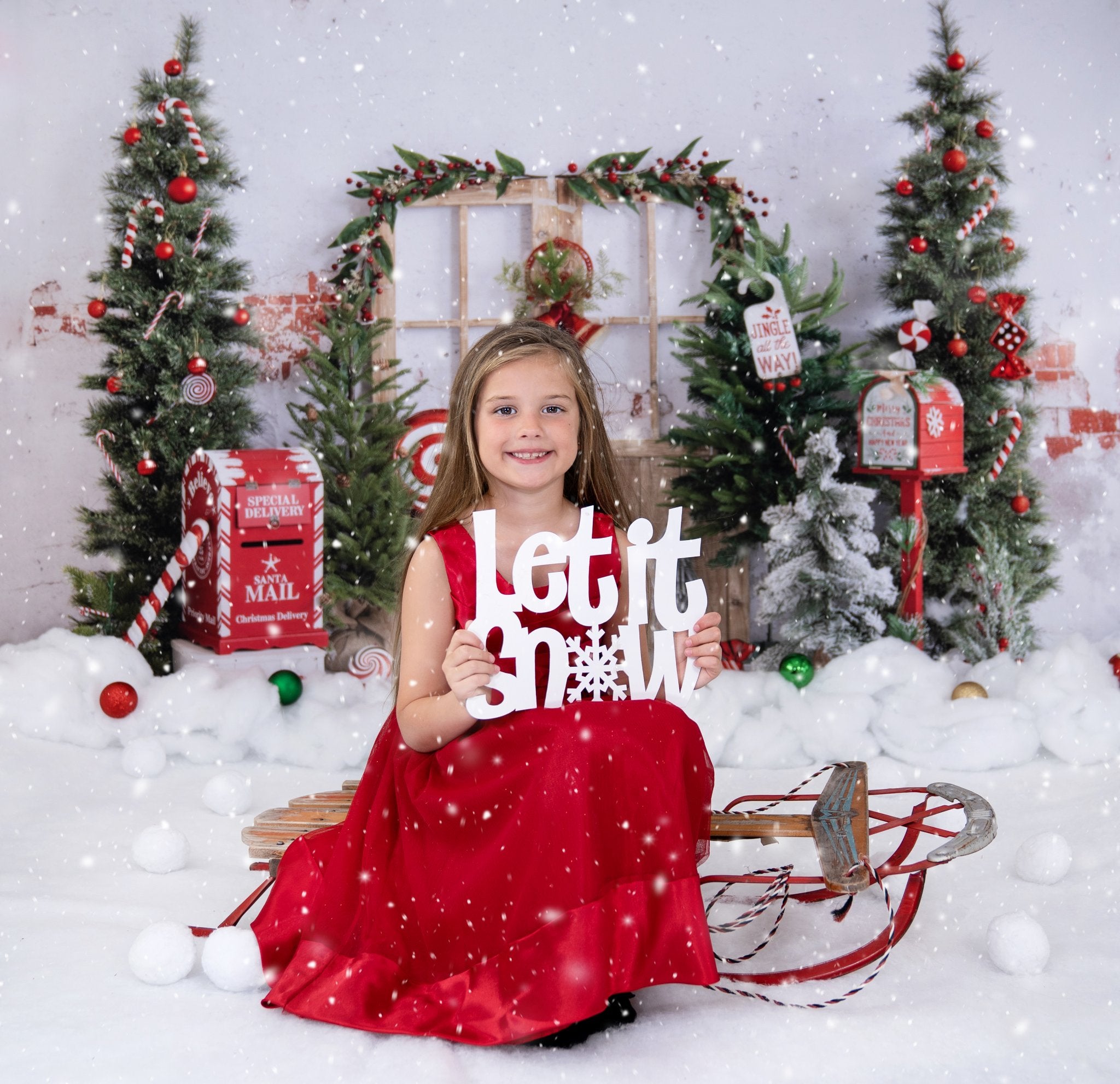 Kate Winter Christmas Tree Backdrop Snow Mailbox Designed by Emetselch - Kate Backdrop AU