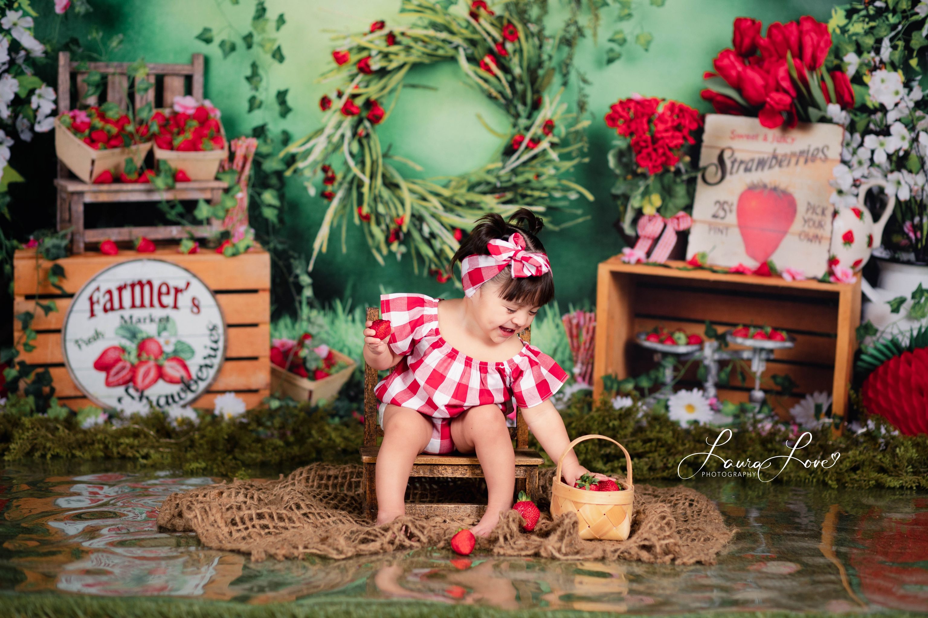 Kate Spring Strawberry and White Flower Green Leaves With Banners Birthday Backdrop for Photography - Kate Backdrop AU