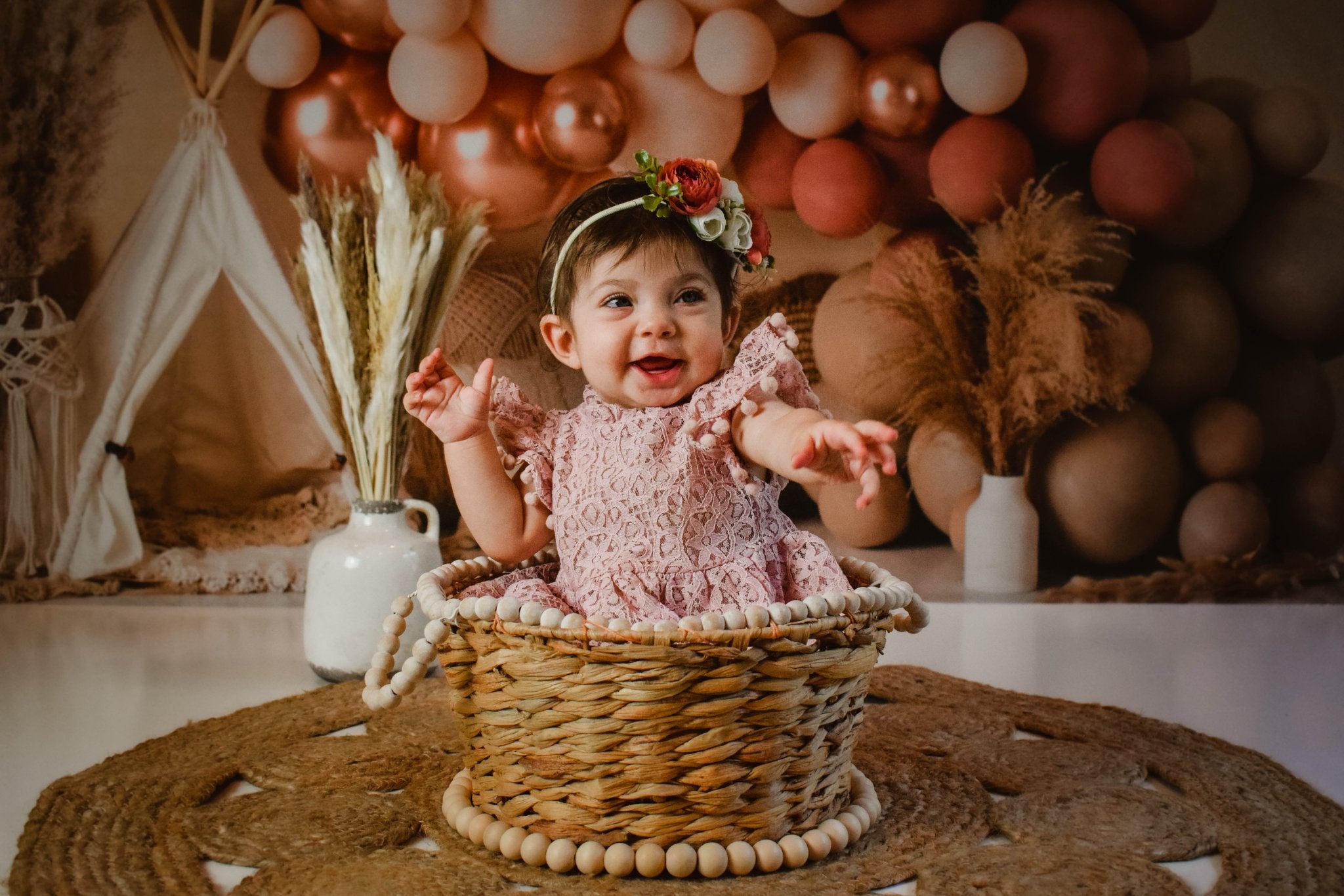 Kate Boho Balloons Backdrop Macrame Pillows Matte Pink Designed by Mandy Ringe Photography - Kate Backdrop AU