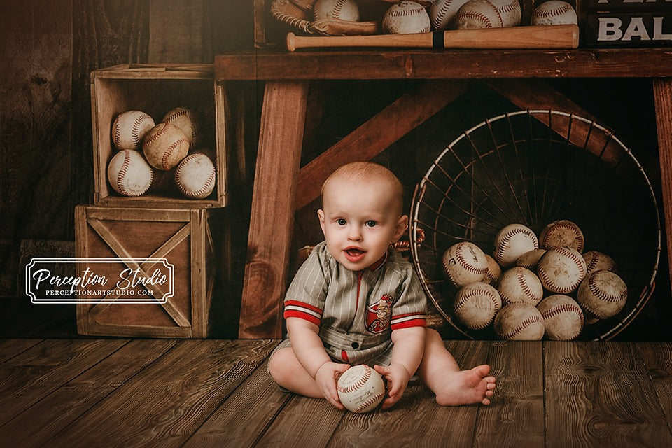 Kate Vintage Baseball Backdrop+Brown Wood Rubber Floor Mat - Kate Backdrop AU