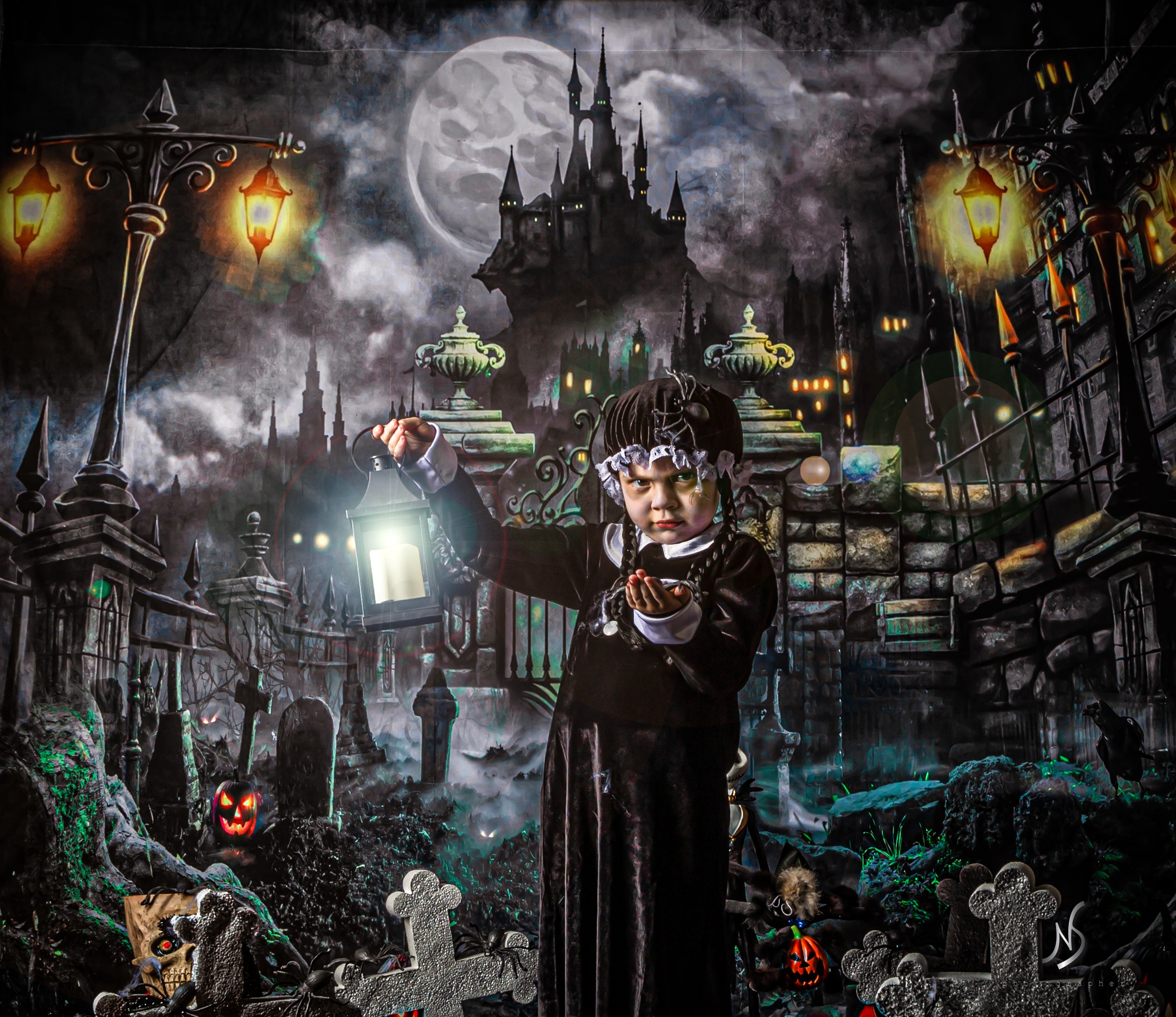 Kate Halloween Pumpkin Backdrop Castle Night Moon for Photography - Kate Backdrop AU