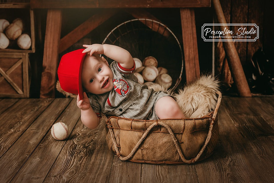 Kate Vintage Baseball Backdrop+Brown Wood Rubber Floor Mat - Kate Backdrop AU