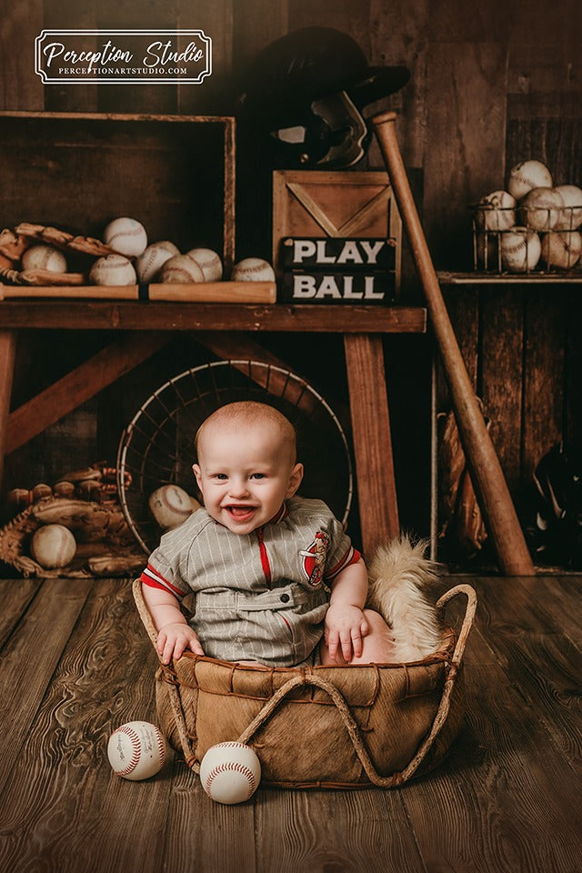 Kate Vintage Baseball Backdrop+Brown Wood Rubber Floor Mat - Kate Backdrop AU