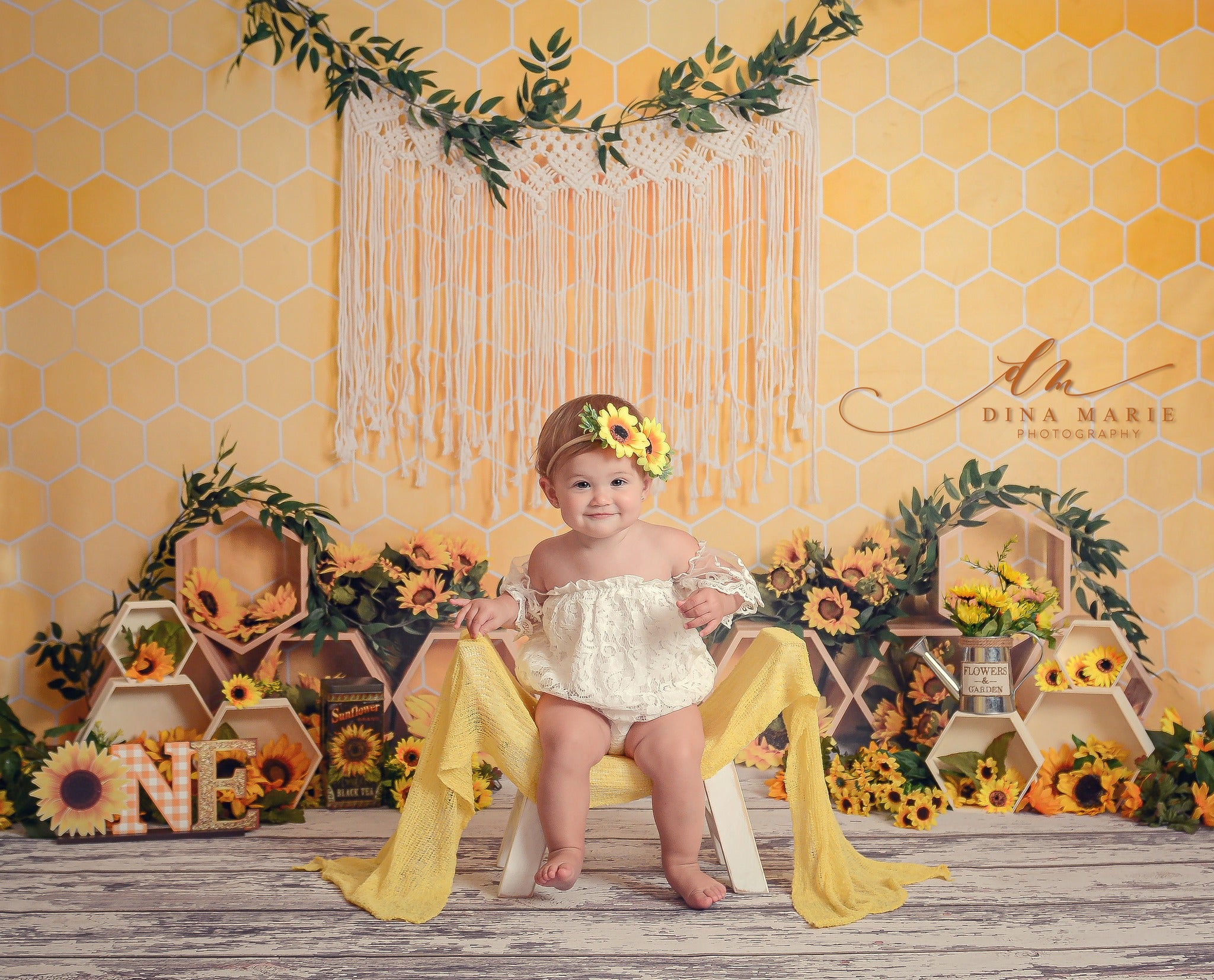 Kate Honeycomb Backdrop Yellow Boho Sunflower Cake Smash Designed by Emetselch - Kate Backdrop AU