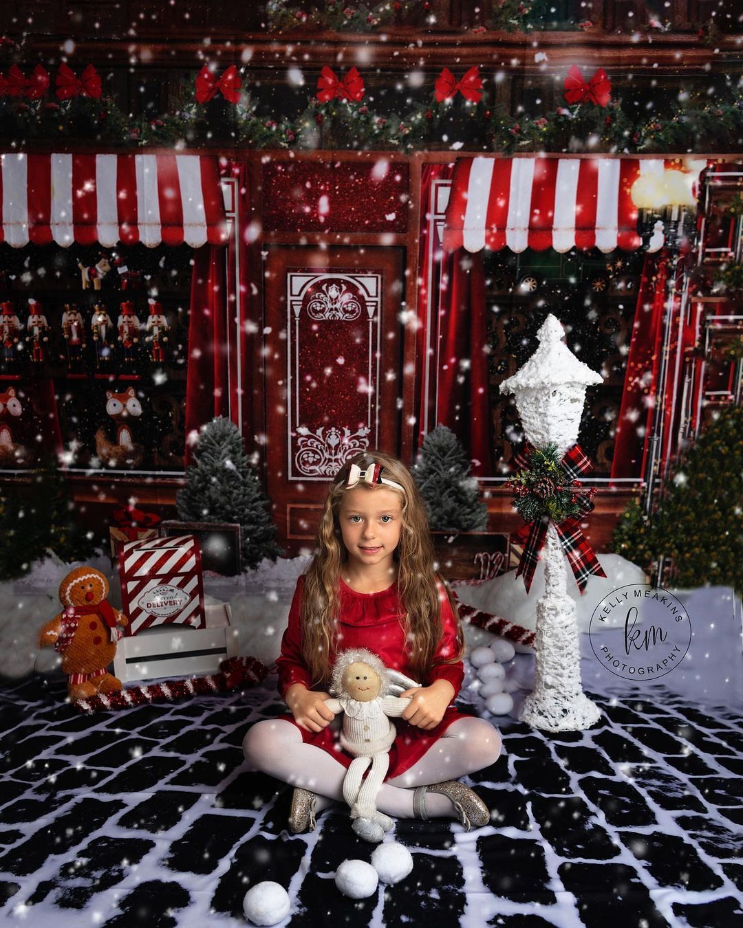 Kate Holiday Christmas Winter Vintage Toy Candy Store Santa Backdrop+Kate Vintage Black Brick Wall Rubber Floor Mat - Kate Backdrop AU