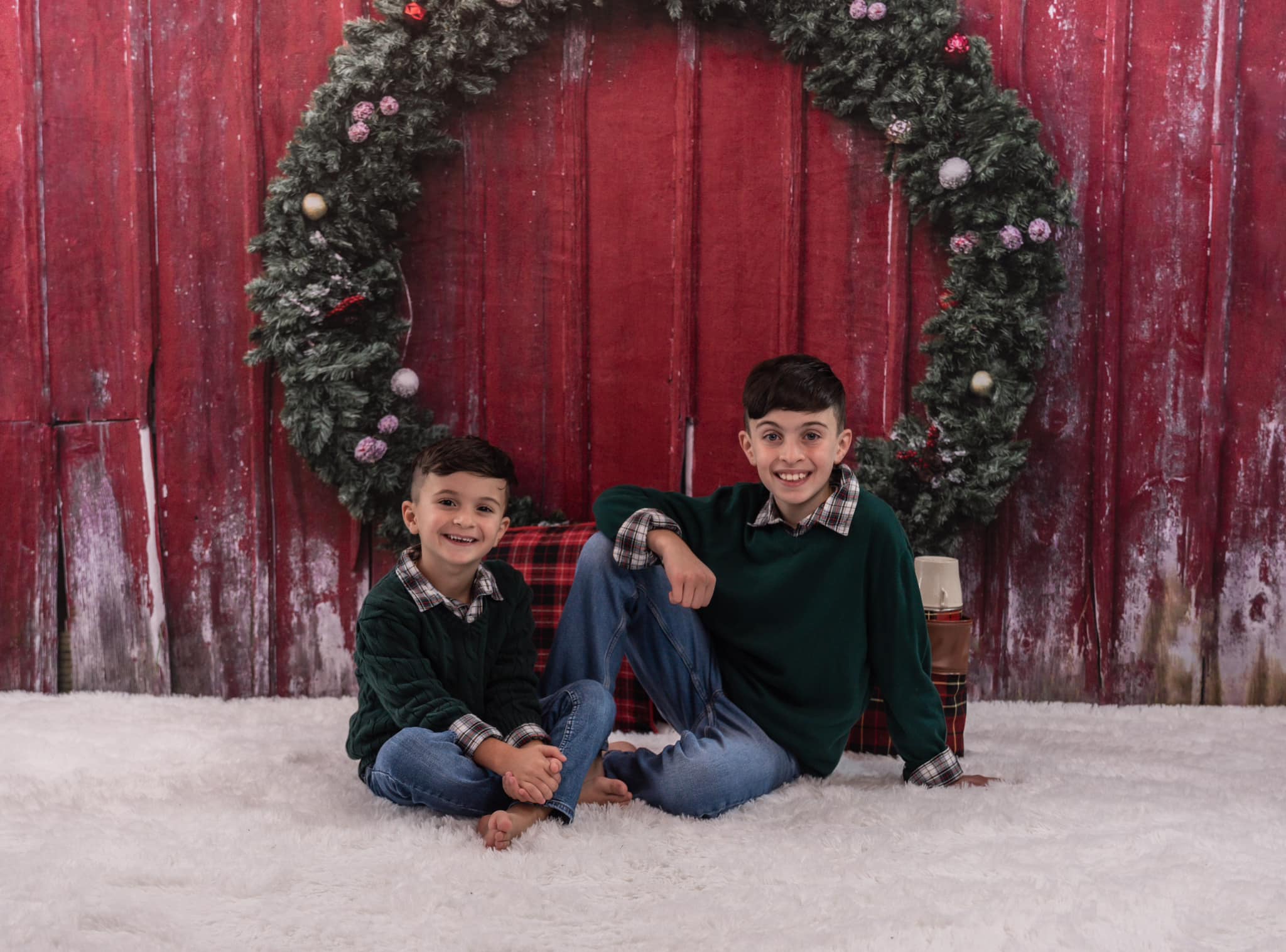 Kate Christmas Wreaths Wood Wall Red Backdrop Designed by Mandy Ringe Photography - Kate Backdrop AU