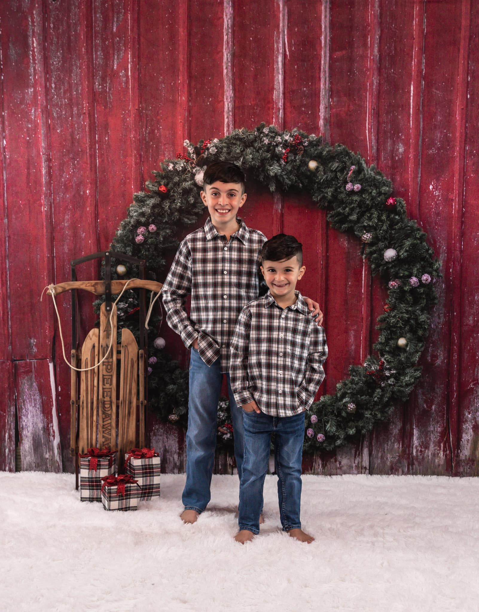 Kate Christmas Wreaths Wood Wall Red Backdrop Designed by Mandy Ringe Photography - Kate Backdrop AU