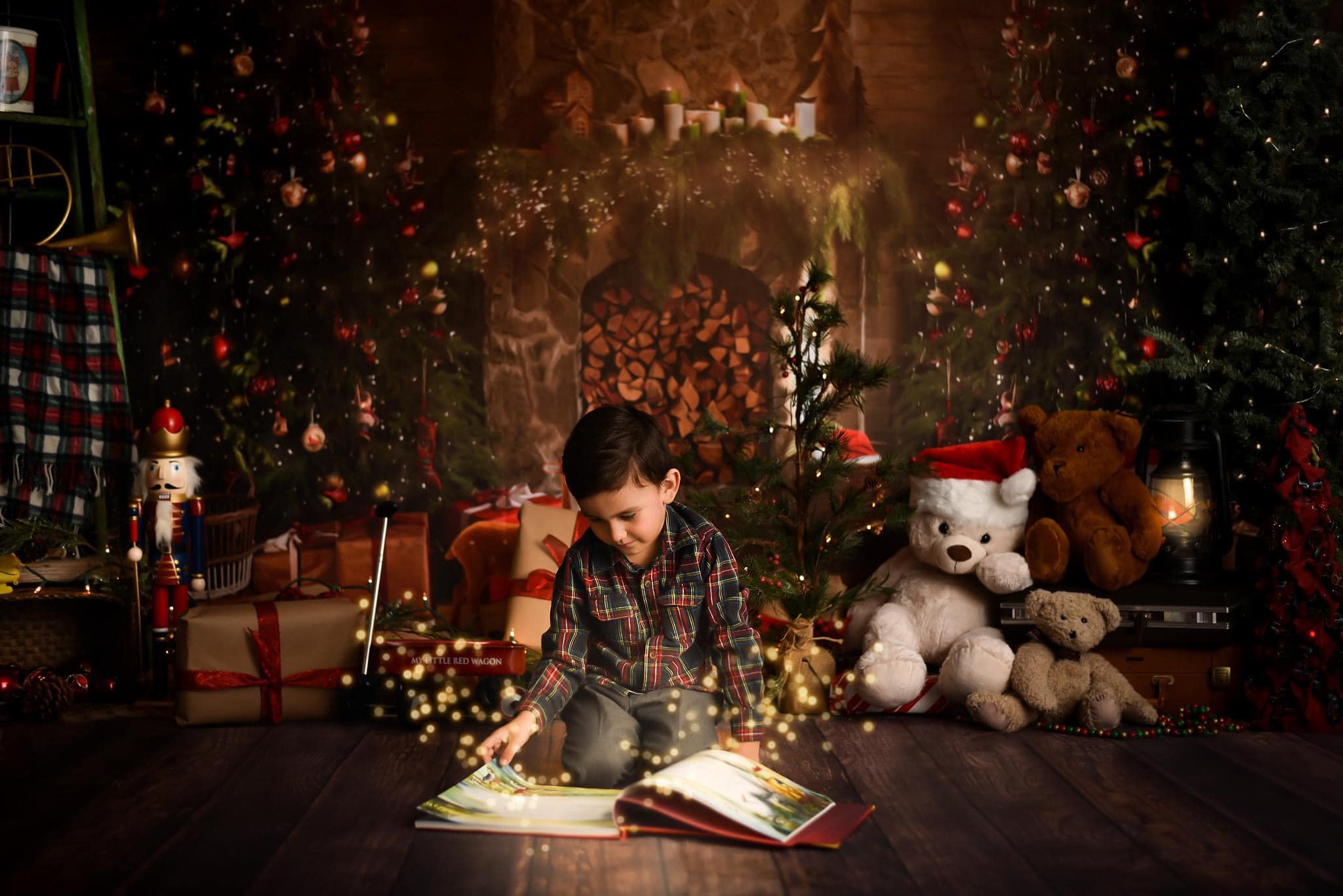 Boy flipping through book sitting in front of Christmas Tree Fireplace Indoor Backdrop