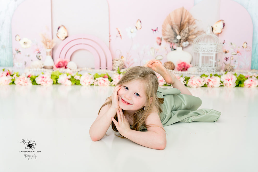 Kate Pink Buttefly Floral Backdrop Girl Cake Smash Designed by Ashley Paul - Kate Backdrop AU