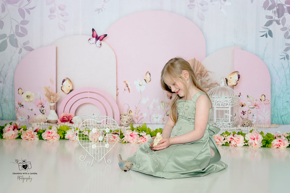 Kate Pink Buttefly Floral Backdrop Girl Cake Smash Designed by Ashley Paul - Kate Backdrop AU